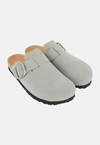 Gray leather clogs with an adjustable silver buckle, smooth surface, rounded toe, and a textured black rubber sole.