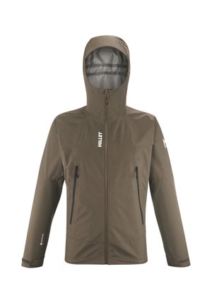Brown waterproof jacket with a high collar and hood. Features zippered pockets, elastic cuffs, and a textured finish. Branding on chest.