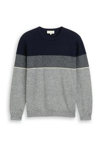 Rundhalsausschnitt-Pullover mit horizontalen Streifen in Marineblau, Dunkelblau und Hellgrau, aus gestricktem Stoff mit strukturiertem Finish.