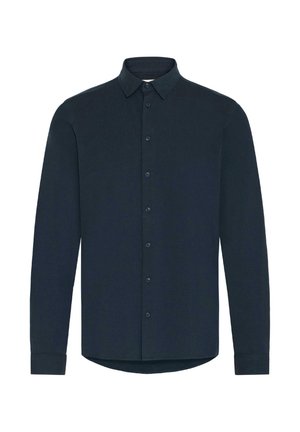 Navy long-sleeve shirt made of cotton blend, featuring a button-down collar, full button placket, and rounded hem with cuffed sleeves.