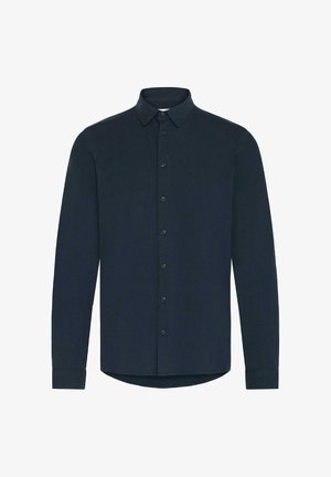 Navy long-sleeve shirt made of cotton blend, featuring a button-down collar, full button placket, and rounded hem with cuffed sleeves.