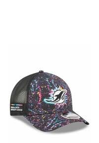 Schwarze Kappe mit Spritzmuster in verschiedenen Farben. Mit einem Miami Dolphins-Logo auf der Front und einem Mesh-Rücken. Verstellbarer Riemen enthalten.