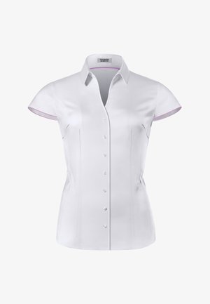 White short-sleeve shirt with a pointed collar, fitted design, and button-front closure. Features subtle purple accents on the collar and sleeves.