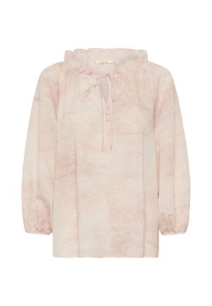 Svijetloružičasta bluza dugih rukava s volanastim ovratnikom, prednjim vezivanjem, tri gumba presvučena tkaninom i diskretnim blistavim točkicama po cijeloj površini.