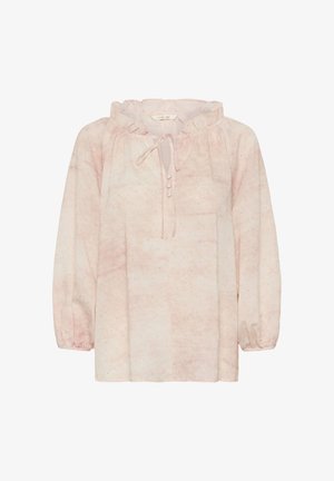 Svijetloružičasta bluza dugih rukava s volanastim ovratnikom, prednjim vezivanjem, tri gumba presvučena tkaninom i diskretnim blistavim točkicama po cijeloj površini.