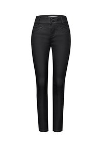 Pantalones skinny negros con una cintura alta y cierre de dos botones, detalles de costura sutil y una tela suave y elástica.