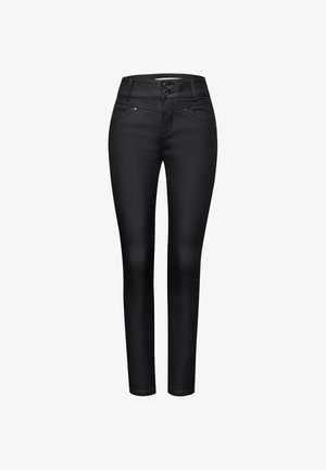 Schwarze Slim-Fit-Hosen mit hoher Taille, zwei Knopfverschluss, dezenten Nähdetails und einem glatten, elastischen Stoff.