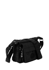 Schwarze Crossbody-Tasche aus strukturiertem Stoff, mit einem Reißverschluss oben, einer Frontklapptasche, einem verstellbaren Tragegurt und Logodetails.