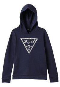 Sudadera con capucha azul marino hecha de mezcla de algodón, con un logo triangular plateado que incluye el texto "GUESS" y "U.S.A.", capucha ajustable y puños acanalados.