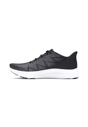Athletic shoes featuring black mesh upper with linear patterns, white midsole, and textured heel. Laced design with a rounded toe.