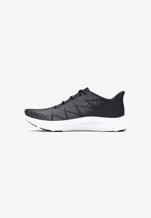 Athletic shoes featuring black mesh upper with linear patterns, white midsole, and textured heel. Laced design with a rounded toe.