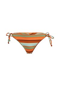 Wielokolorowe majtki bikini z poziomymi paskami w kolorze pomarańczowym, aqua i brązowym, z wiązaniami po bokach i miękką teksturowaną powierzchnią.