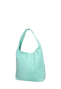 Sac à épaule en cuir vert menthe avec une surface douce et texturée et une seule sangle arrondie. Présente un détail de couture subtil sur le devant.