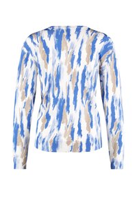 Langarmpullover mit einem mehrfarbigen abstrakten Muster in Blau, Beige und Weiß. Besitzt einen gerippten Saum und strukturierte Strickdetails.