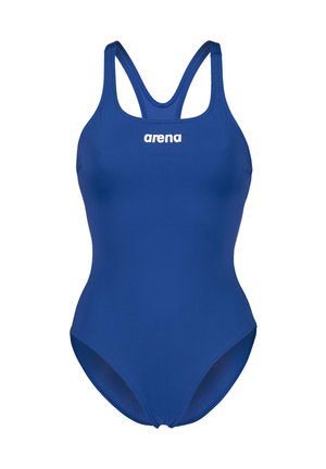 Blue one-piece swimsuit made of stretchy material, featuring a racerback design and a white logo on the chest area. Smooth texture.