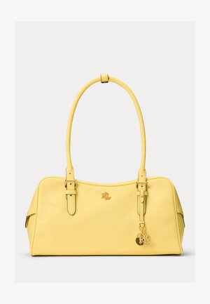 Sac à main en cuir jaune avec deux anses, logo RL doré sur le devant, sangles réglables avec boucle et breloque RL dorée suspendue.