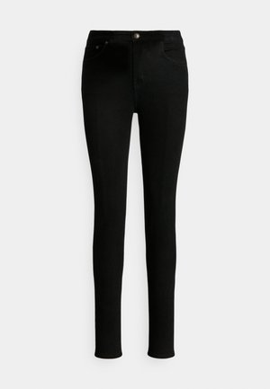 Sorte denimjeans med slim fit, der har en standardtalje, forlommer og en klassisk knaplukning.