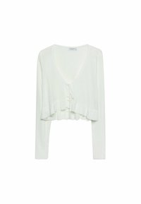 Weißer, langärmeliger, verkürzter Cardigan mit V-Ausschnitt, vorderem Bindeband und Rüschensaumdetails.