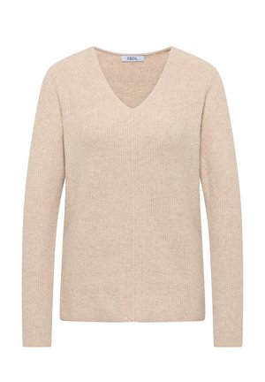 Beige geribbelde gebreide trui met lange mouwen en een V-hals. Heeft een zachte textuur en een eenvoudig, strak ontwerp. Label zichtbaar aan de binnenkant.