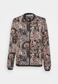 Giacca bomber nera con motivo paisley in tonalità beige, blu e rosa. Presenta una chiusura zip frontale, polsini a costine e un collo tondo.