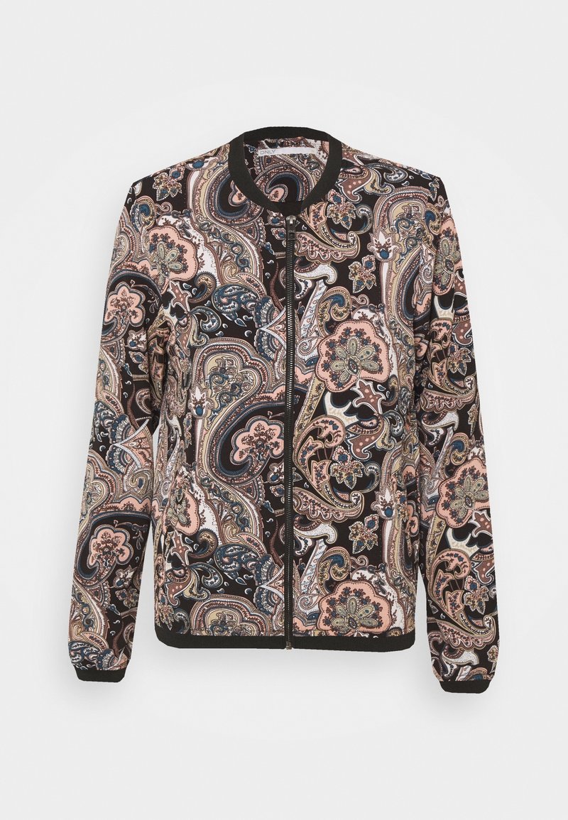 Giacca bomber nera con motivo paisley in tonalità beige, blu e rosa. Presenta una chiusura zip frontale, polsini a costine e un collo tondo.