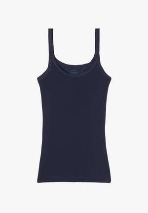 Marinblå linne i cotton, med rundad halsringning och tunna axelband. Slät textur utan mönster och rak nederkant.