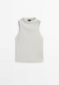 Haut blanc sans manches texturé avec un col rond haut, posé à plat sur fond blanc.