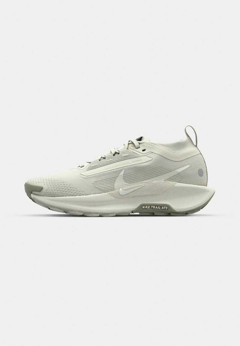 Jasnoszare buty do biegania w terenie Nike z teksturowaną cholewką, wyraźnym logo Swoosh i amortyzowaną podeszwą. Posiadają z tyłu uchwyt do łatwego zakładania.