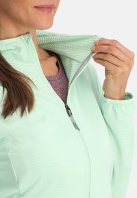 Giacca in zip di colore verde menta chiaro con interno testurizzato, colletto alto e zip grigia. Indossata sopra una maglietta di colore viola scuro.