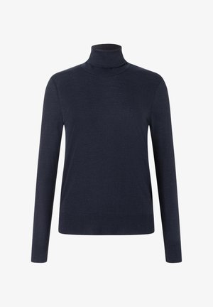 Navy blue turtleneck sweater with long sleeves, made from a soft, knit material. Features a fitted design and a ribbed collar and cuffs.