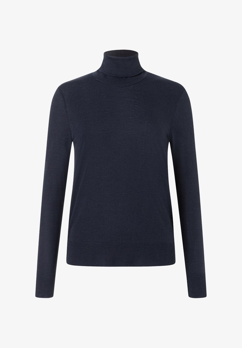 Marineblauer Rollkragenpullover mit langen Ärmeln aus weichem Strickmaterial. Hat eine figurbetonte Passform sowie einen gerippten Kragen und Bündchen.