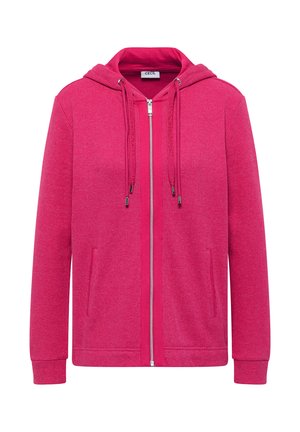Sudadera con capucha de color rosa brillante con cremallera frontal, bolsillos delanteros, capucha con cordón y tejido de punto texturizado, mostrada sobre un fondo blanco.