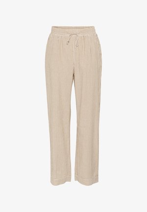 Pantaloni bej cu dungi, cu o croială lejeră, talie cu șnur și picioare drepte. Realizați dintr-un material moale și ușor.