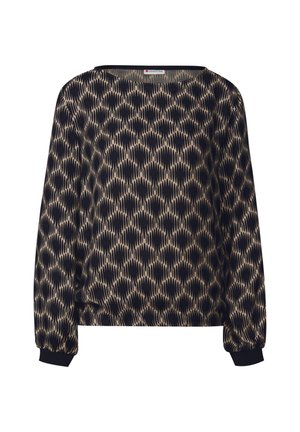 Maglia a maniche lunghe con un motivo navy e beige caratterizzato da linee a zigzag. Collo tondo semplice e polsini arricciati, realizzata in un tessuto leggero.