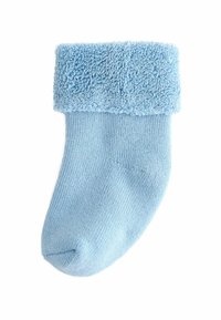 Hellblaues Socke mit einem flauschigen Bündchen, aus weichem Stoff gemacht. Die Textur ist glatt mit einem gerippten Design am Schaft und einer abgerundeten Zehe.