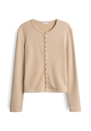 Beige, lange mouwen cardigan van ribstof, met een ronde halslijn en een rij knopen aan de voorkant.