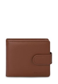 Brown leather wallet with a smooth texture, rectangular shape, and a secure snap closure. Features logo embossed on the front.