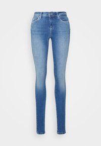 Jeans skinny em denim azul claro com áreas desbotadas, cinco bolsos e fecho frontal com botão. Apresenta uma textura suave e um detalhe minimalista.