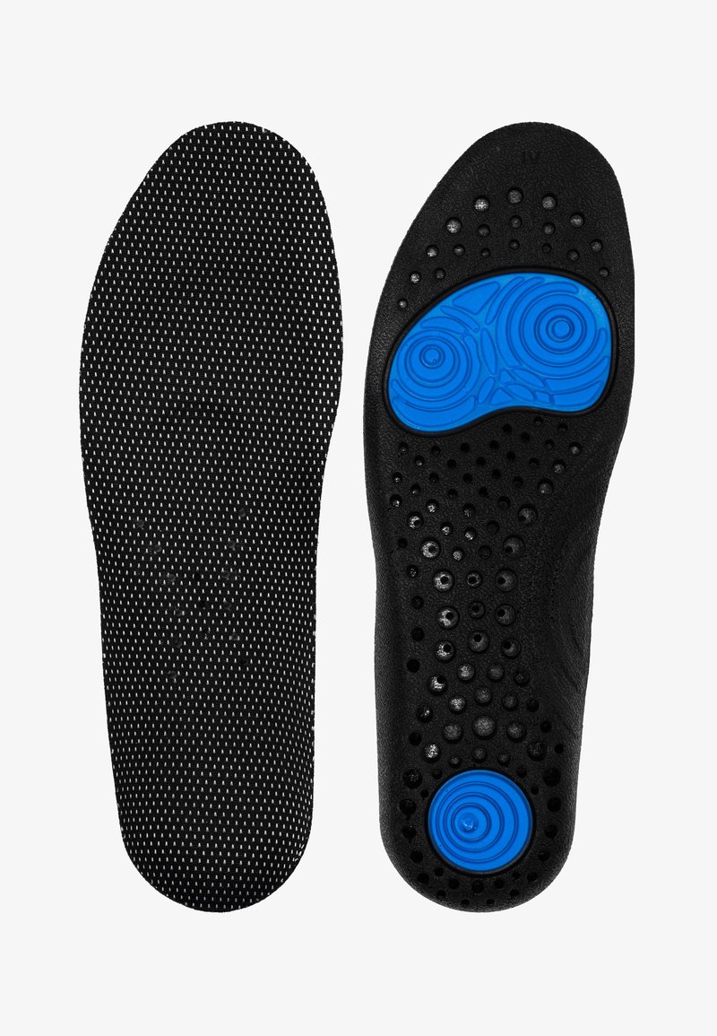 Black insoles with a textured upper surface and blue circular padding. One side features ventilation holes; the other is smooth with raised dots.