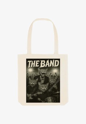 Canvas schoudertas met een afbeelding van vier katten die instrumenten bespelen, gekleed in zwarte kostuums, met vetgedrukte tekst "DE BAND."