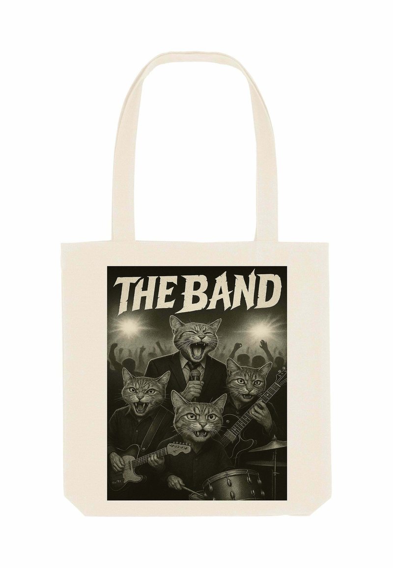 Borsa in tela con una grafica di quattro gatti che suonano strumenti, vestiti con completi neri, con il testo in grassetto "LA BAND."