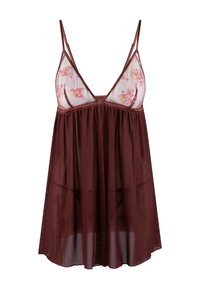 Camicia da notte bordeaux con top in pizzo trasparente caratterizzato da ricami floreali in tonalità rosa e arancione, spalline regolabili e una silhouette fluida.