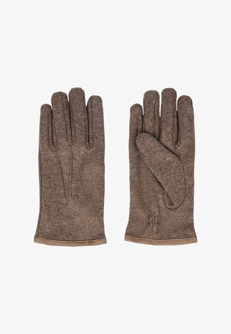 Pár hnědých vlněných rukavic se stehováním a zaměřením na semiš, zobrazené z přední a zadní strany na bílém pozadí.