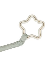 Star-shaped silicone teether in soft beige with a textured gray fabric handle for easy gripping. Suitable for soothing gums.