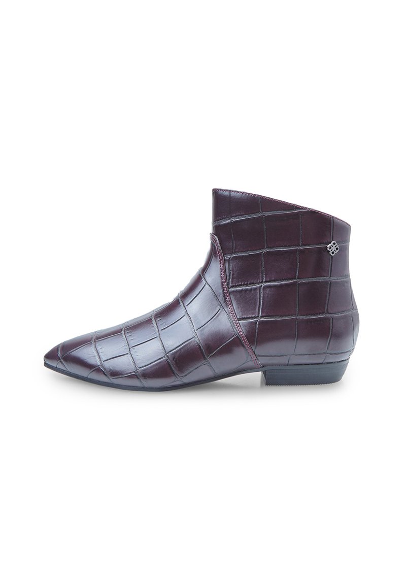 Burgundy leather ankle boot with a crocodile texture, pointed toe, and a low heel. Features a subtle accent logo on the side.