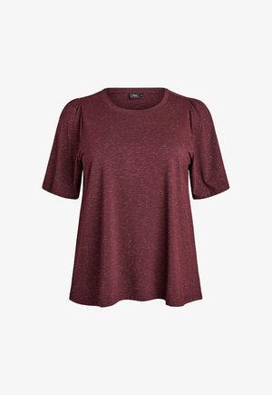 Bordeauxkleurige top met korte mouwen, ronde halslijn, en een losse pasvorm met subtiele textuur. Voorzien van pofmouwen en een rechte zoom.