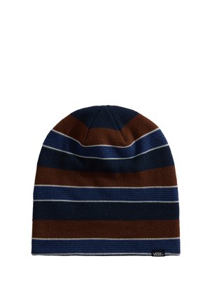 Bonnet tricoté à rayures alternées bleu marine, marron et blanc, avec une petite étiquette logo Vans au bord inférieur.