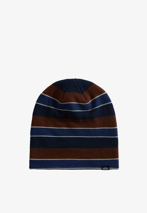 Bonnet tricoté à rayures alternées bleu marine, marron et blanc, avec une petite étiquette logo Vans au bord inférieur.