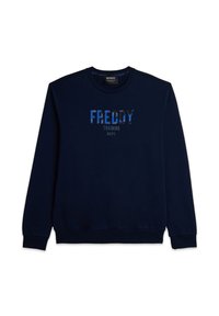 Felpa blu navy con scollo rotondo, maniche lunghe e polsini a coste. Presenta la scritta "FREDDY TRAINING DEPT." stampata sul davanti in colori a contrasto.