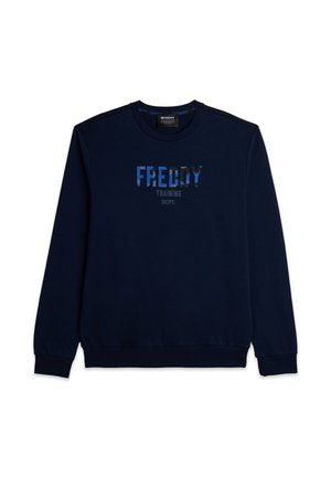 Felpa blu navy con scollo rotondo, maniche lunghe e polsini a coste. Presenta la scritta "FREDDY TRAINING DEPT." stampata sul davanti in colori a contrasto.
